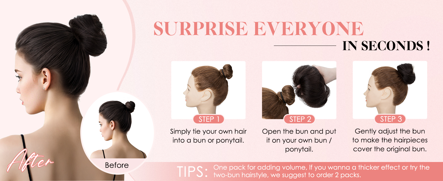 "Surprise Everyone in Seconds! Before After Step 1 Simply tie your own hair into a bun or ponytail
