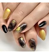 Gold Press on Nails Medium Almond Fake Nails with Designs Snowflake Stick on Nail Christmas Acryl...