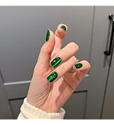 Green Press on Nails Short Square Fake Nails Shiny False Nails with Chrome Designs Green Glitter ...