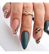 Almond Press on Nails Medium Green French Leaves Design Fake Nails Acrylic Full Cover Stick on Na...