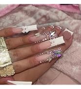 48 Pcs Pink Press on Nails Long Square & Press on Toenails Set - YEFIUO White French Fake Nails P...