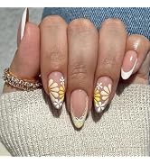 French Tip Press on Nails Medium Almond False Nails with Yellow White Flower Design Daisy Floral ...