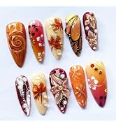 30pcs Fall Press on Nails Long Stiletto Autumn Maple Leaf Fake Nails with 3D Flower Pearl Rhinest...