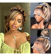 Brofiri 28 Inch Honey Blonde Wig Human Hair Highlight Ombre Body Wave 360 HD Lace Front Wigs Huma...