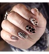 Nude Brown Almond Press On Nails Short, Edgy Fake Nails with Leopard and Zebra Detail, Glossy Gel...