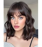 Brown Wig with Bangs for Women 12inch Short Bob Wavy Curly Hair Wigs Heat Resistant Hair Replacem...