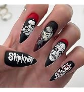 Halloween Press on Nails Long Stiletto Black Fake Nails Full Cover Gothic Press on Nails Ghost Fa...