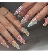 3D Flower Press on Nails Medium Almond Fake Nails Ombre False Nails With Designs 3D Butterfly Pea...