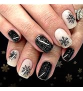 Black Press on Nails Medium Square Fake Nails with Designs Snowflake Stick on Nail Glitter Acryli...