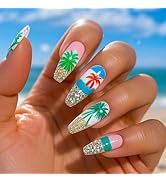 Medium Coffin Press on Nails Summer Fake Nails with Coconut Tree Design Glossy Silver Glitter Glu...