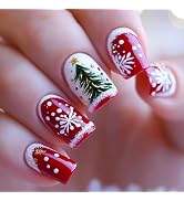 Christmas Red Press on Nails Medium Square Fake Nails with Designs Xmas Tree Stick on Nail Snowfl...