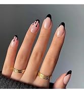 Halloween Press on Nails Short Almond French Fake Nails Black Blood Nail Tip False Nails with Des...