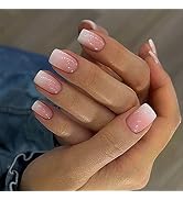 Ombre Press on Nails Medium Square Fake Nails Gradient Pink False Nails Full Cover Acrylic Glossy...