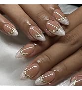 Almond Press on Nails Short Fake Nails with Gold Line Designs Glossy Glue on Nails White French T...