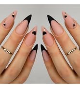 Black French Tip Press on Nails Medium Almond Fake Nails with Black Heart Design Gold Line Stick ...