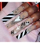 Halloween Press on Nails Long Square MABKJLF French Fake Nails Full Cover Nightmare Before Christ...