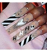 Halloween Press on Nails Long Square MABKJLF French Fake Nails Full Cover Nightmare Before Christ...