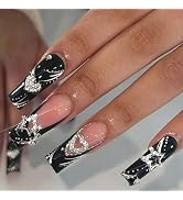 YEFIUO Press on Nails Long Square 3D Alloy Heart Nail Charms Nail Tips Acrylic Nail Kit Pink Fake...