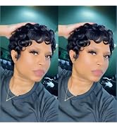 QiaQiaRing Pixie Cut Wigs for Black Women Brazilian Virgin Curly Wave Human Hair Glueless Short L...