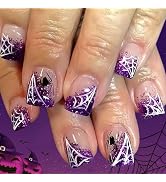 Halloween Press on Nails Short Square Fake Nails with Spider Web Designs Spider Nails Press ons P...