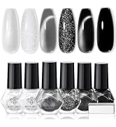 modelones Nail Polish Set, 6 Colors White Black Nail Polish with Magnet Glitter Cat Eye Magnetic ...