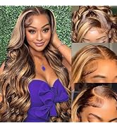 QNQZ Highlight Ombre 13x6 Lace Front Wig Human Hair 28 Inch Body Wave Honey Blonde Glueless HD La...