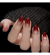 Red Press on Nails Short Square Fake Nails Gradient Red Glitter False Nails Full Cover False Nail...