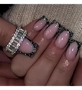 MISUD Press on Nails - Short Square Fake Nails with Black French Tip, Acrylic Bling Glitter Desig...