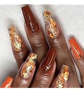 24 Pcs Fall Coffin Press on Nails with Glue, Long Fake Nails Acrylic Artificial False Nails with ...