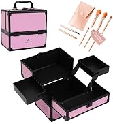 CHUANGJIN Makeup Train Case 2 Trays Makeup Box Organizer Portable Travel Makeup Case Lockable Mak...