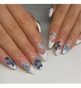 Flower Nail Press ons White French Tip Fake Nails with Gold Design Blue Floral Glue on Nails Glos...