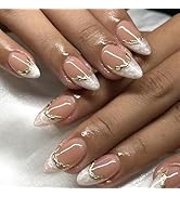 French Short Press On Nails Almond, Nude Fake Nails with White French Tip and 3D Gold Line Design...