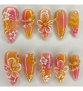 Ombre Pink Orange Press on Nails Medium Almond False Nails with Pearl Flower Charm Design Floral ...
