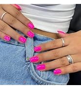Hot Pink Press on Nails Short Square, KQueenest Gel Fake Nails Short Coffin Pure Bright Color Nat...