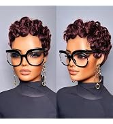 SisBroSis Short Layered Curly Pixie Cut Wigs With Bangs 99j Burgundy Color for Daily Use Glueless...