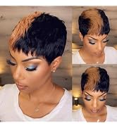 FREEKWEEN Short Pixie Cut Wig for black women Real Brazilian Virgin Human Hair Black and Honey Bl...