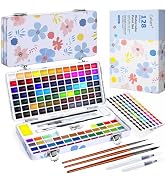 128 Colors Washable Watercolor Paint Set with 4 Brushes, Portable Travel Water Color Kit with Car...