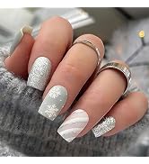 24Pcs Christmas Press on Nails Short Square Fake Nails Glitter Snowflake Press on Nails Matte Ful...