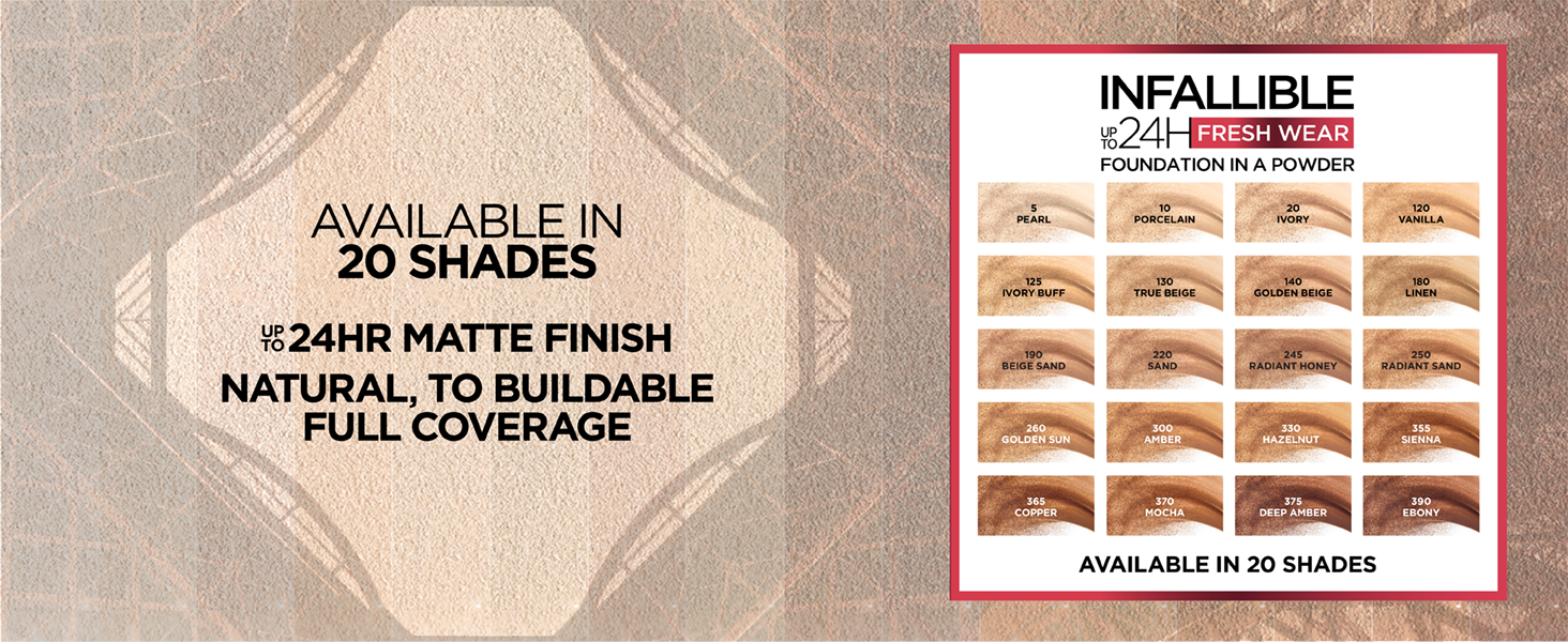infallible fresh wear powder in a foundation available in 20 natural matte shades