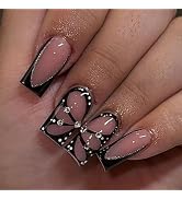 Butterfly Press on Nails Medium Square Fake Nails Black French Tip False Nails with Design Bling ...