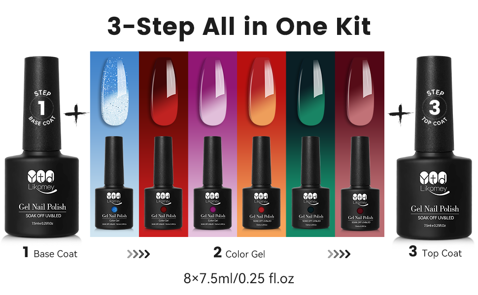 3 step all in one kit base coat top coat color gel 8 pieces 7.5ml 0.25 fl.oz each bottle
