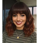 Ombre Auburn Wig with Bangs for Women 12inch Short Bob Cooper Red Wavy Curly Hair Wigs Heat Resis...