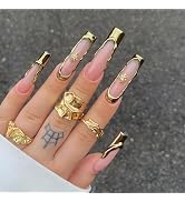 BABALAL Nails Press on Long Square Fake Nails Gold Glue on Nails 3D Texture Chrome Acrylic Nails ...