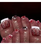 MERVF Goth Press on Toenails for Women White French Tip Acrylic Blood Fake Toe Nails Rhinestones ...