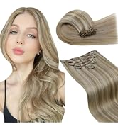 LaaVoo Clip in Hair Extensions Real Human Hair Gloden Brown Highlights Light Blonde Hunan Hair Cl...
