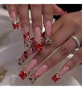 MISUD Press on Nails - Long Square Fake Nails with Red French Tip, Acrylic Cherry Cheetah Design ...