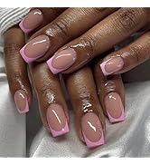 Pink French Tips Press on Nails Short Square Fake Nails with Designs Glossy Skintones Reusable St...