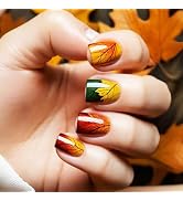 Maple Leaf Press on Nails 24Pcs Thanksgiving Short Square False Nails Fall Leaves Stick on Finger...