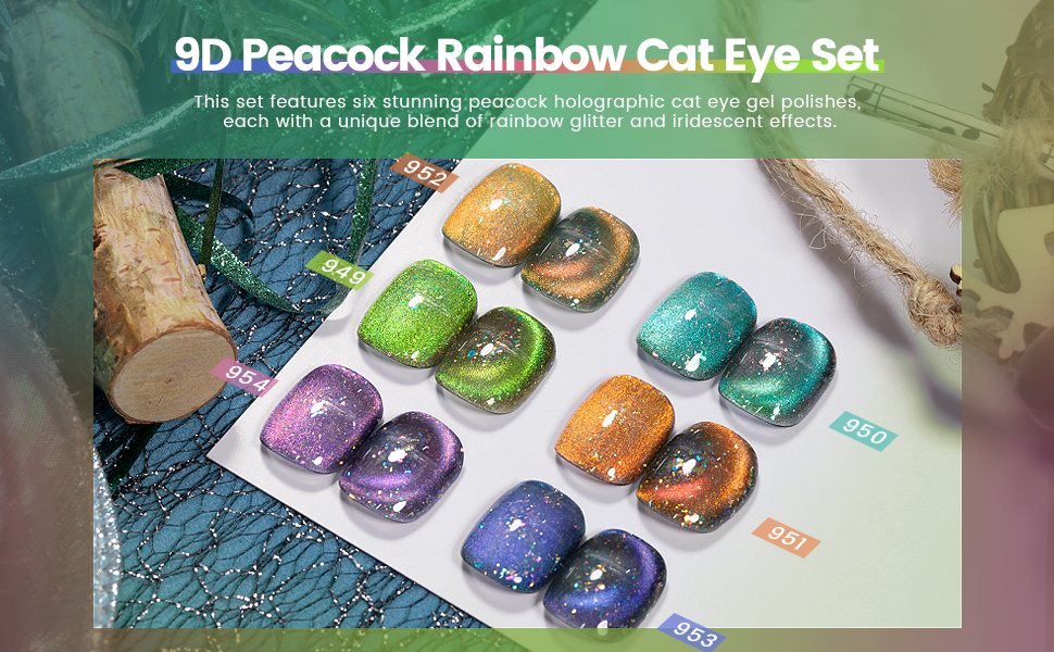 Holographic peacock rainbow glitter gel polish set