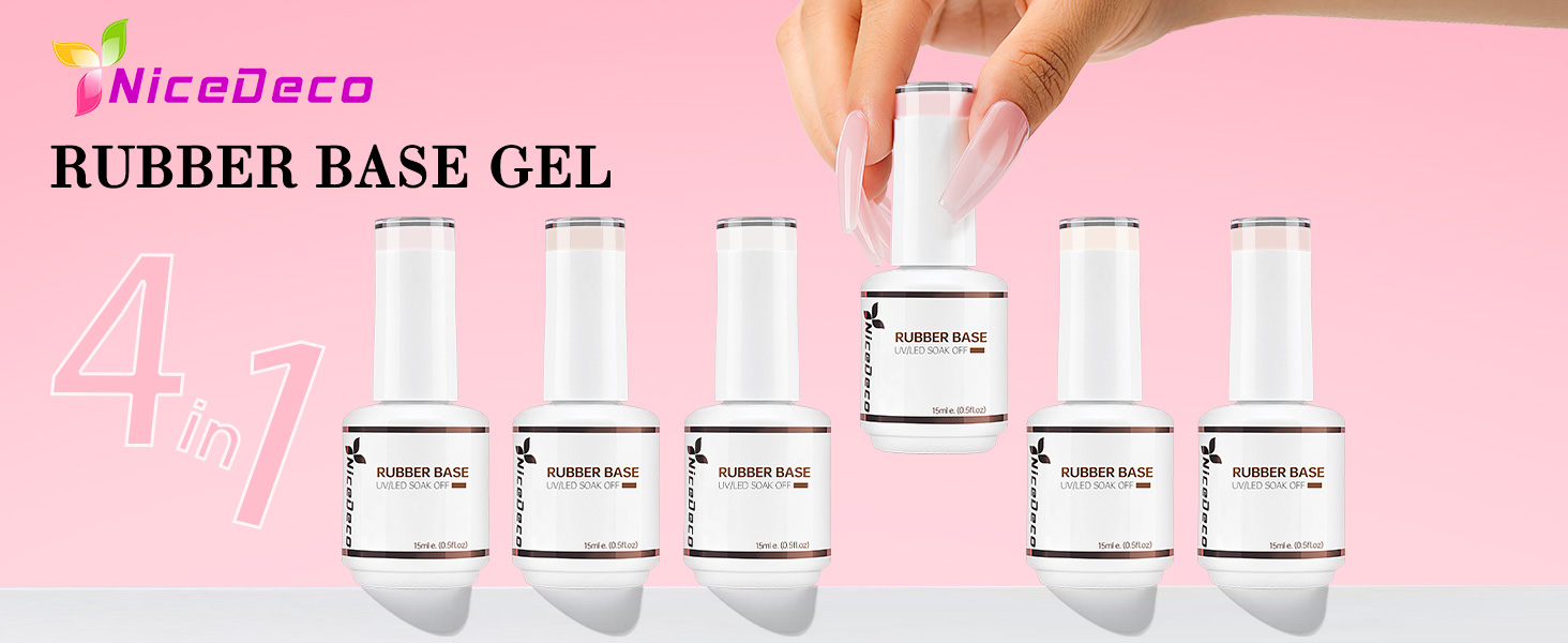 Six transparent bottles of Nicedeco rubber base gel nail product arranged in a row on pink background with brand text visible.